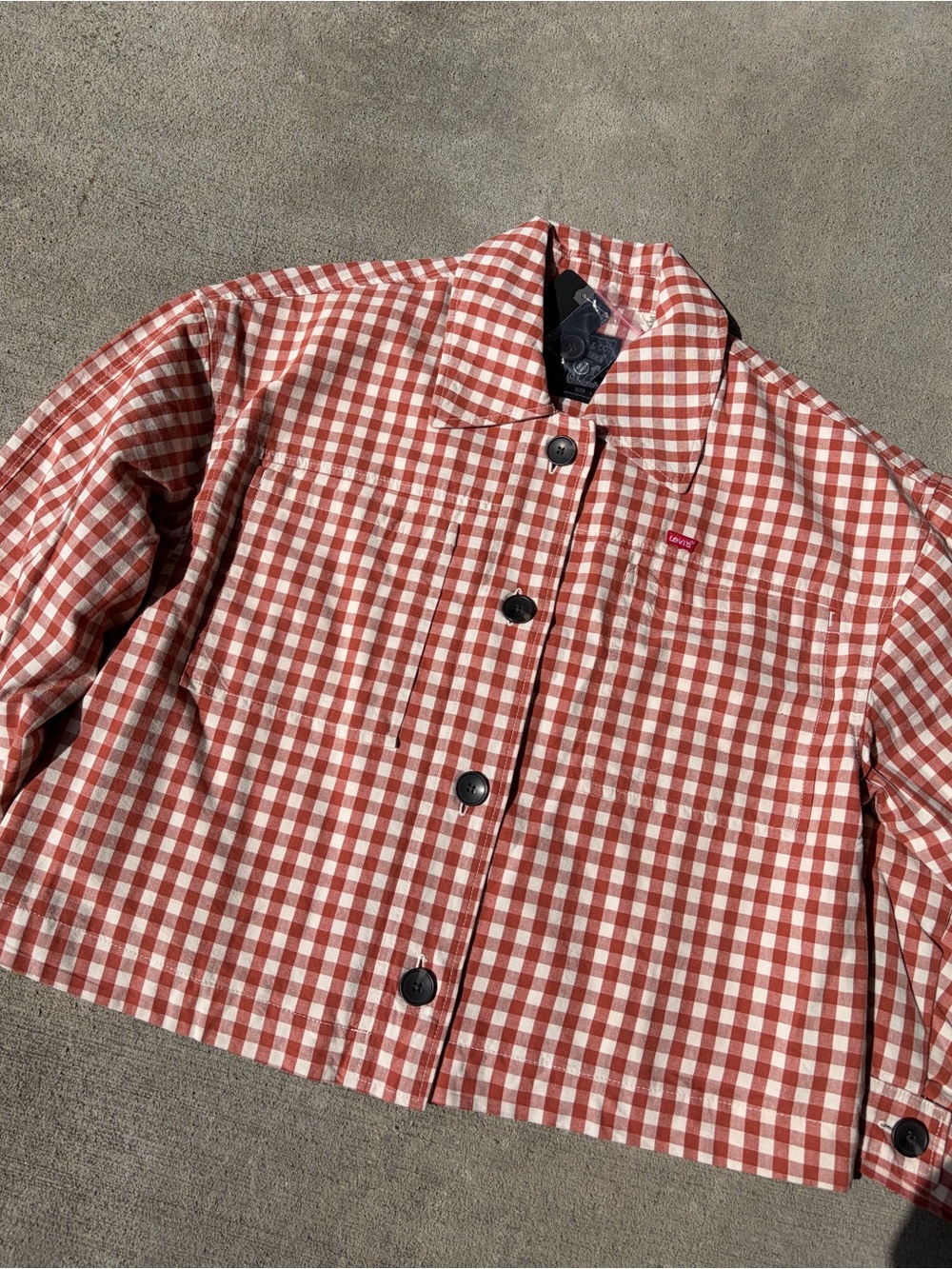 Levi’s Cara cotton prep jacket Jean jacket chore coat checkered orange white NWT - Picture 5 of 9